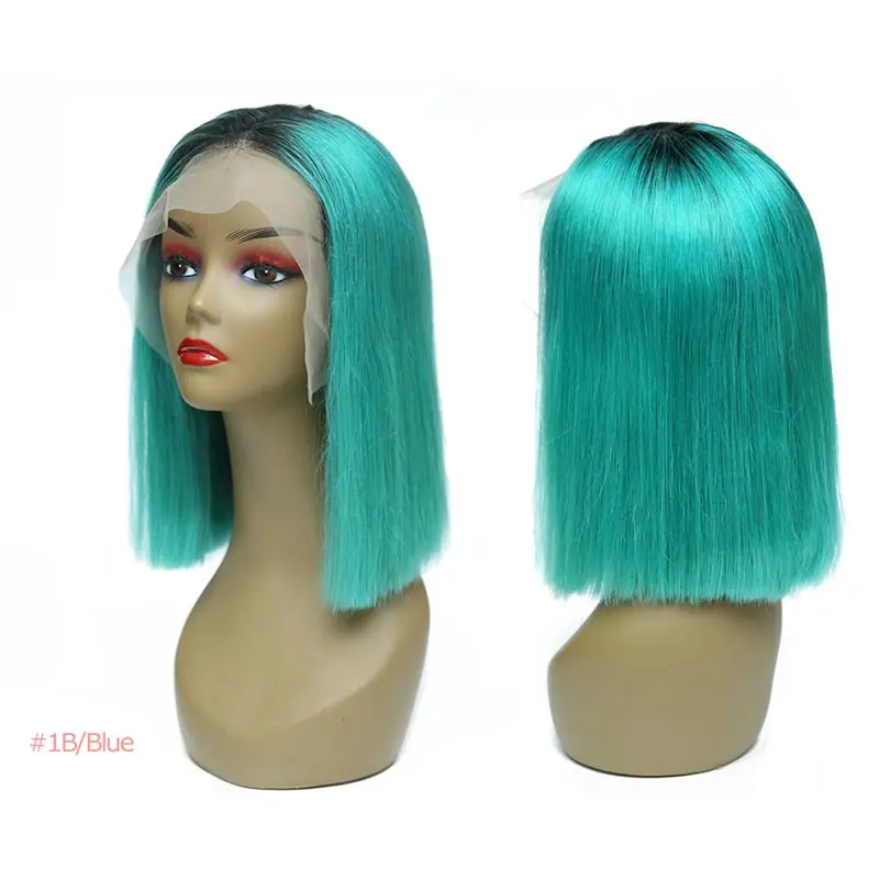 1B-Blue 13X4 Короткие парики боб 613/желтый/красный/синий/черный/зеленый/розовый/серый Remy бразильский Омбре парик фронта шнурка Али Fumi queen человеческие волосы парики - Цвет волос: 1B-Blue