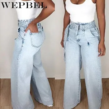 

WEPBEL Ladies Jeans High Waist Fashion Large Size Jeans Loose Drawstring Fall Wide Leg Straight Fashion Pants