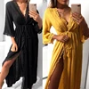 Beach Cardigan Dress Womens Long Hollow Out Lace Tie Up Waist Slim Fit Long Loose Pajamas Sleepwear Bathrobe Home Wear Summer 1