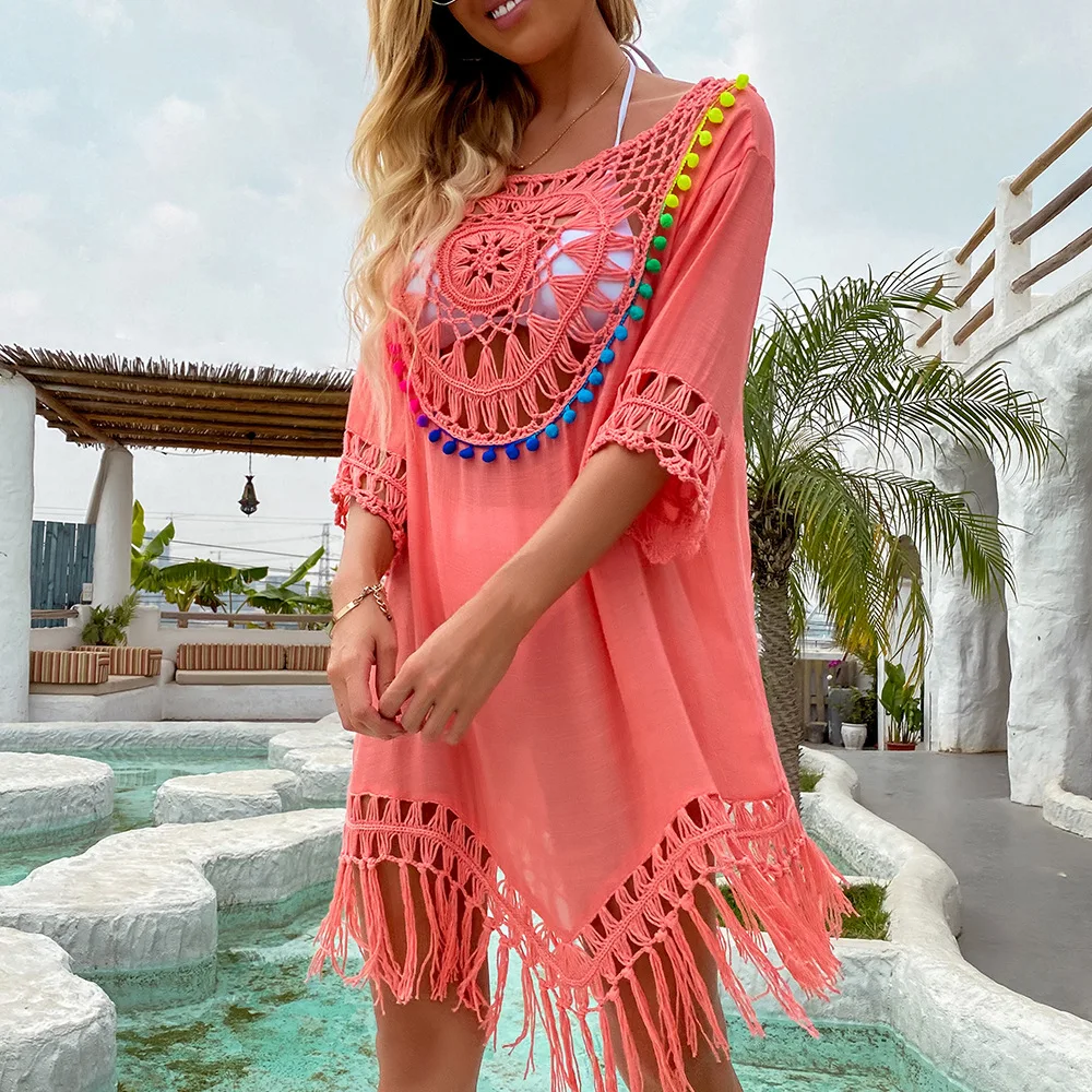 CROCHET BIKINI Bikini Cover Up With Fringe Trim Women Sexy Hollow Tunic Beach Dress Summer Bathing Suit Beachwear