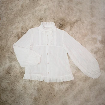 

Japanese white lolita blouse vintage falbala stand bowknot kawaii shirt puff sleeve victorian shirt gothic lolita top loli cos