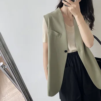 

Green Blazer Vest Women Loose Sleeveless Office Casual Coat