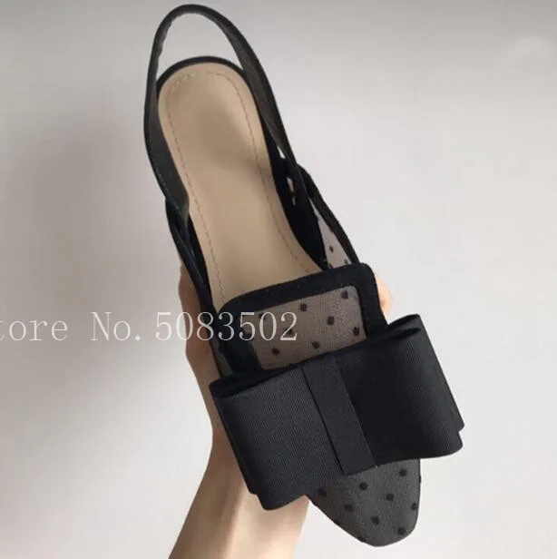 Black Dot Lace Mesh Ballet Low Heels Slingback Sandals Women Shoes Big Bow Pointy Toe Summer Chaussures Femme