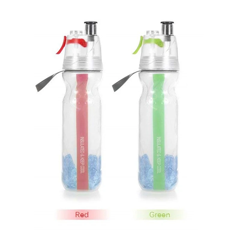 

2Pcs Water Bottles Insulated Mist Spray Water Bottle Double Layer Ice Cold Bottle Sports Outdoor Drinking Kettle - Red & Green