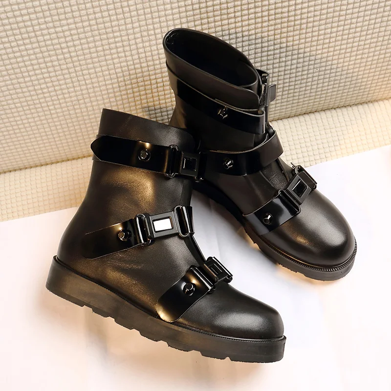 

Boots Winter Women Short Buckle Leather Bota Feminina Luxury Botas Mujer Motorcycle Ankle Boots Thick Sole Botines Mujer 2023