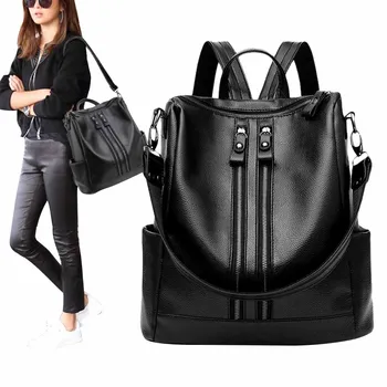 

2020 Anti-theft Women Backpack PU Leather Waterproof Black School Bag Double Zip Portable Travel Shoulder Bag