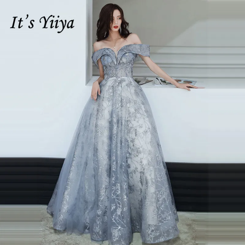 

It's Yiiya Evening Dresses Elegant Boat Neck Long Evening Dress For Women Plus Size Shining Off Shoulder robe de soiree LF008