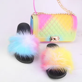 

Woman Shoes Fur Slides Women Fox Fur Slippers Matte Colorful Jelly Bag Multi Color Fur Slides And Purse Set Fur Slides For Women