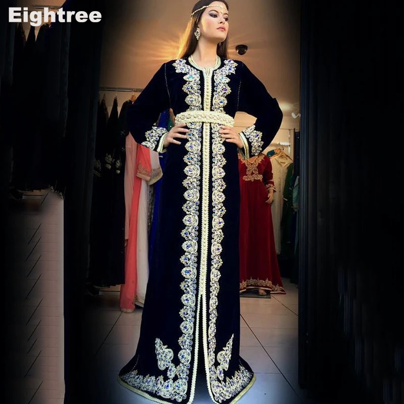

Eightree Morocco Caftan Evening Dresses A Line Lace Appliques Muslim Prom Dress Velvet Long Sleeve Formal Evening Party Dress