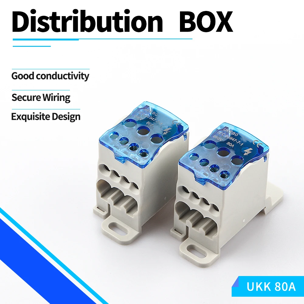 UKK 80A Din Rail Distribution Box Block One In Multiple Out Power Universal Electric Wire Connector Junction Box Terminal Block