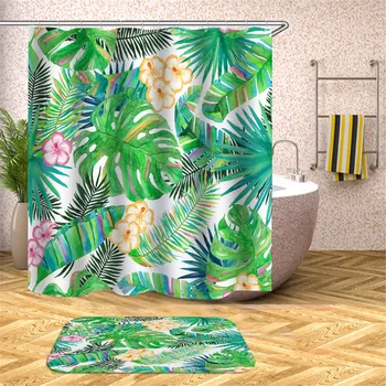 

Green Shower Curtain Leaves Printing Modern Natural Plant Polyester Bathroom Curtains 180 x 180cm