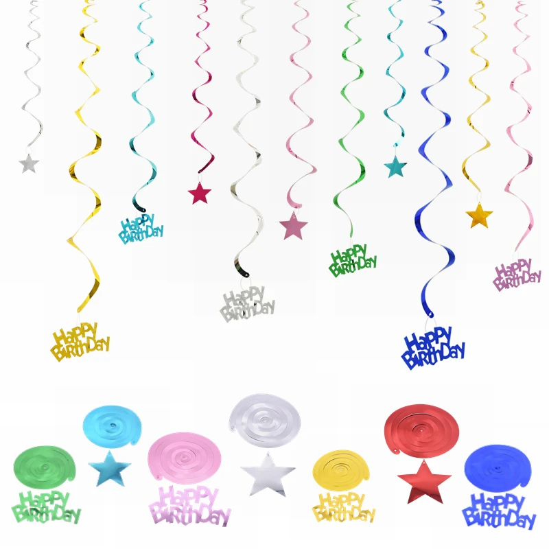 6pcs Set Star Swirls Banners Happy Birthday Pvc Spiral Streamers For Party Scene Layout Birthday Wedding Hanging Garland Decor 7 Banners Streamers Confetti Aliexpress
