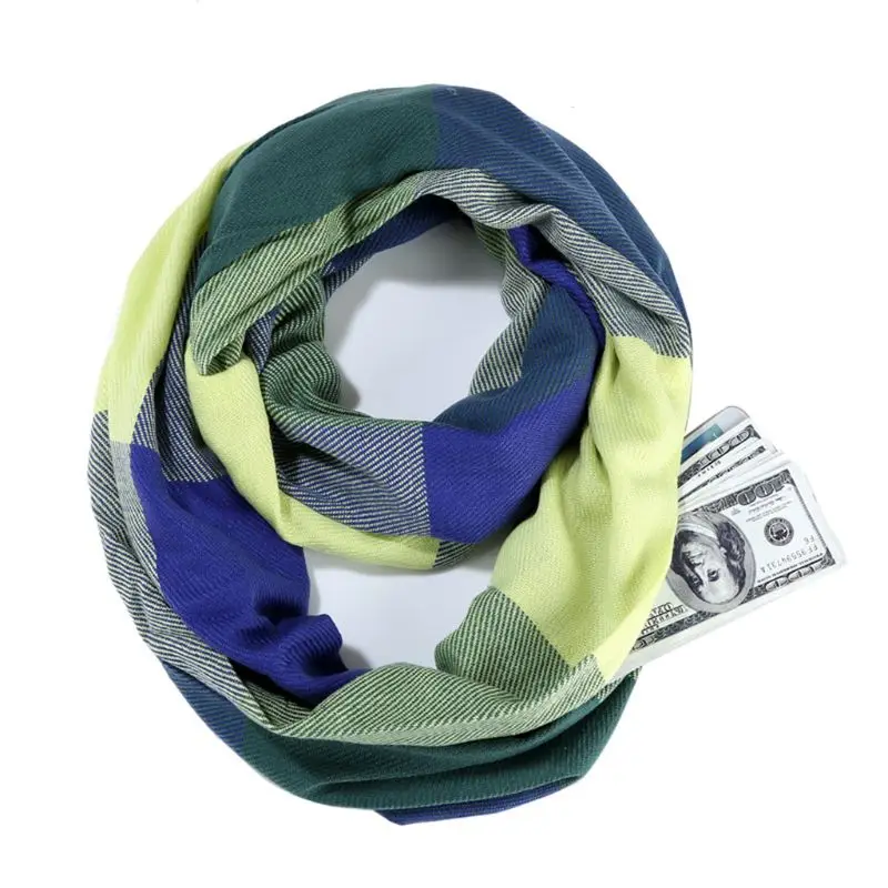 Women Men Winter Travel Pashmina Plaid Infinity Scarf with Hidden Zipper Pocket - Цвет: C