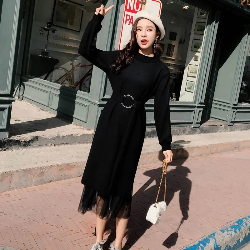 

Winter Warm Sweater Dress Women 2019 Fall Thick Elastic Long Sleeve Casual Knitting Dress Soild Sexy Dress