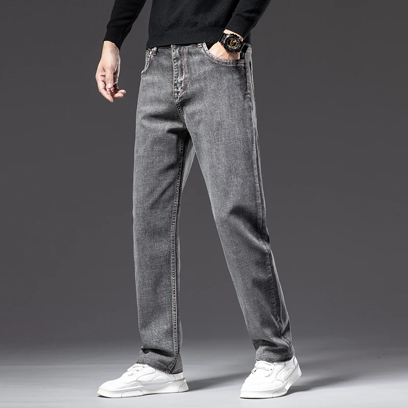 Denim Pants Denim Trousers 6 colors Autumn Men Gray Straight-leg Jeans Business Casual Cotton Stretch Denim Pants Male Brand Clothing Plus Size 40 42 44