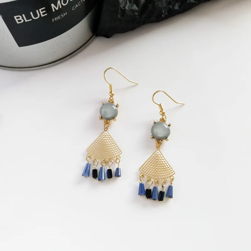 blue pierced ears Женские сетчатые клипсы с синим кристаллом, женские золотые серьги в форме веера, секторные клипса геометрической формы, серьги без проколов в ушах - Окраска металла: blue pierced ears