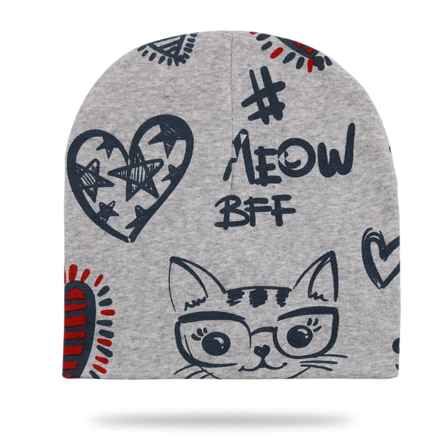 Kids Girls Hats Cat Printing Cotton Pompom Hat For Girls Winter Children Caps Faux Fur Baby Hat Bonnet hat grey heart cat