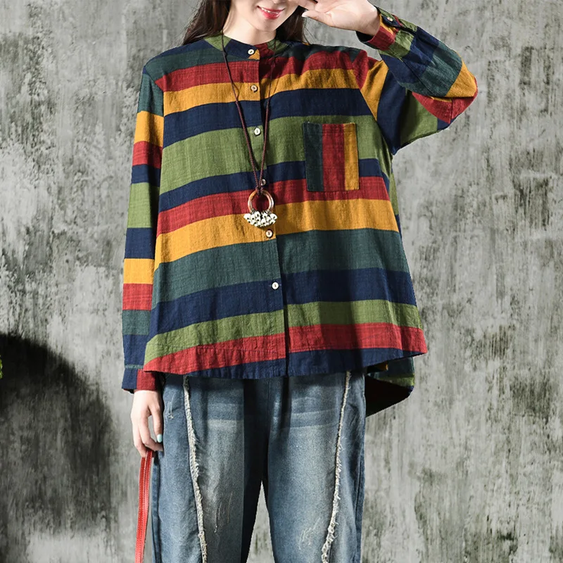 

Japanese Style Women Cotton Linen Shirts Blouses 2019 Autumn New Striped Tops Plus Size Women Clothes Brief Vintage AA160S30