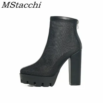 

Mstacchi Mesh Fretwork Breathable And Comfortable Women High Heel Boots Back Zipper Rubber sole Sexy Ladies Shoes Botas De Mujer