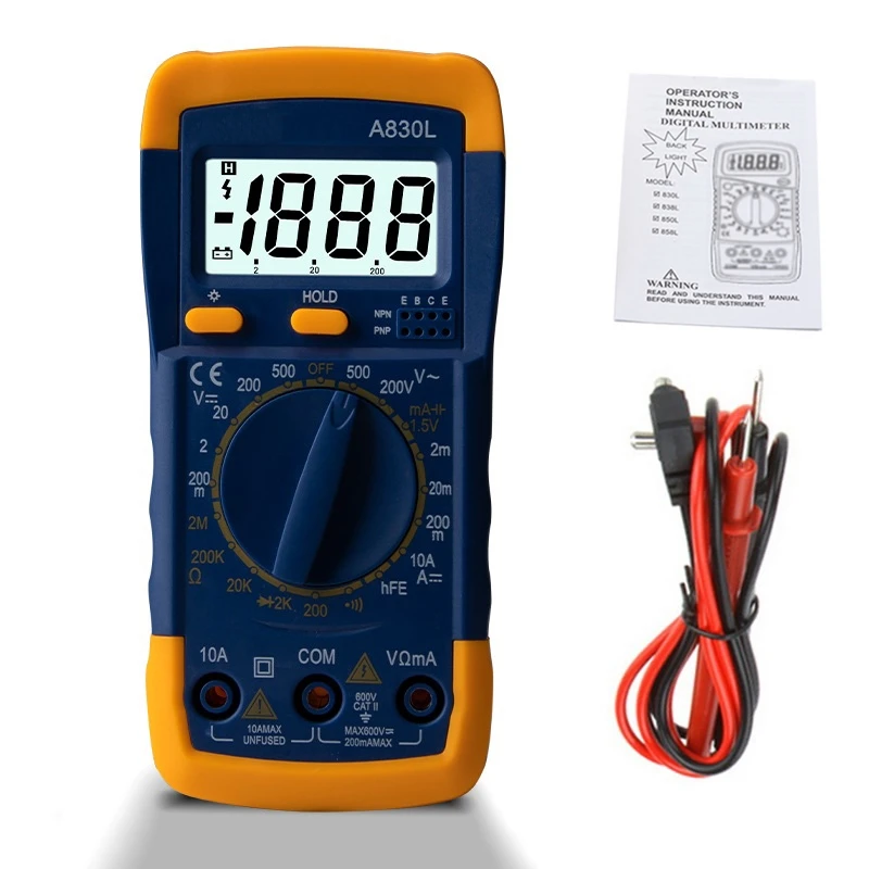 A830L Mini Multimeter LCD Digital Multimetro Volt Amp Ohm Tester Meter Voltmeter Ammeter Backlight Protect With Probe