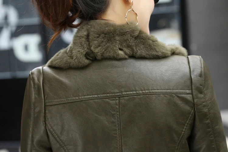 Тема 21 из искусственной кожи Куртка Новинки для женщин модное, в форме оливы кролик меховой воротник шерстяное теплое пальто Короткие Искусственная Кожа Верхняя одежда; куртка на молнии