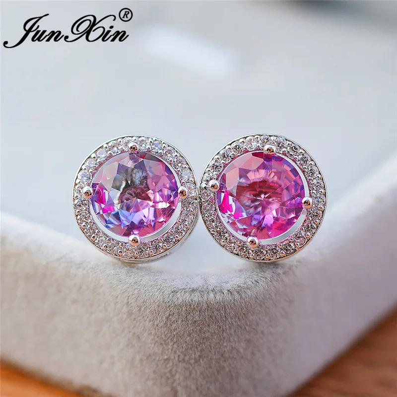 Boho Gradient Colorful Purple Pink Zircon Round Stud Earrings For Women White Gold Rainbow Fire Crystal Wedding Earrings Jewelry