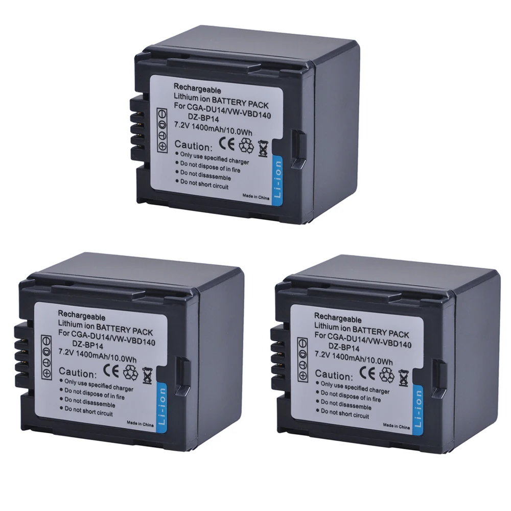 

3pc 1400mAH CGA-DU14 VW-VBD140 DZ-BP14 CGA DU14 Li-ion Battery For Panasonic DU06 DU07 NV-GS10 VDR-M70/M50 NV-GS10 CGA-DU12