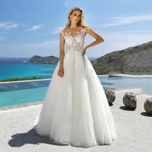 

Beach Vestido De Noiva Muslim Wedding Dresses A-line Scoop Cap Sleeves Tulle Appliques Boho Wedding Gown Bridal Dresses