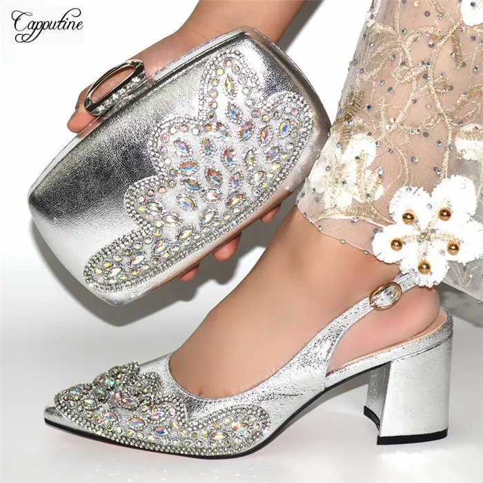 

Luxury spring/autumn design silver pointed toe sandal shoes and purse bag set with stones CR175, heel height 7.5cm