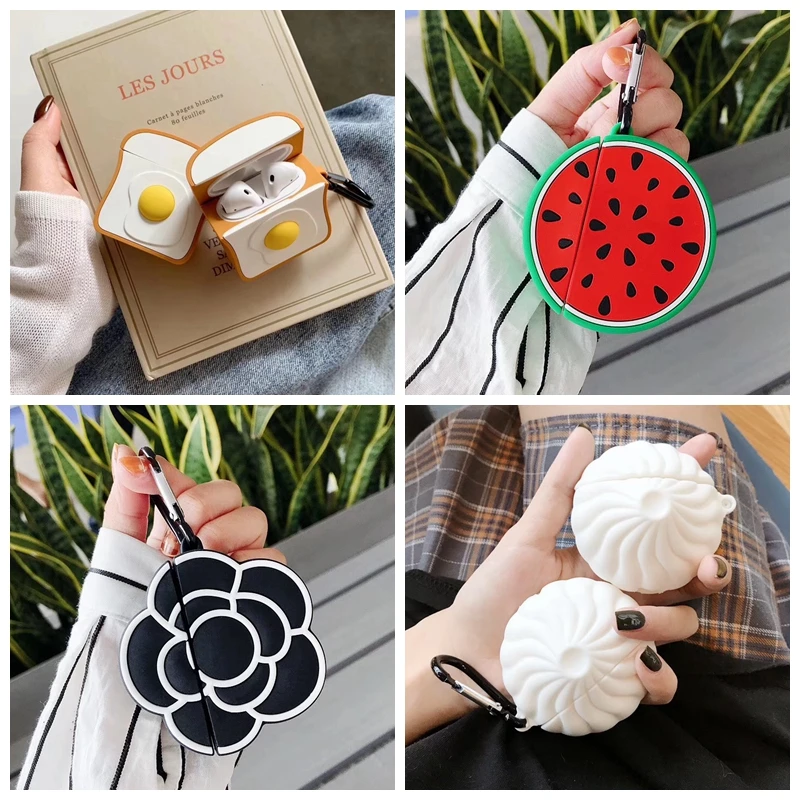 

For AirPods Case Cute Funny Toast Bun Watermelon Flower Earphone Case For Apple Airpods 2 Soft Protect Cover with Carabiner Hook