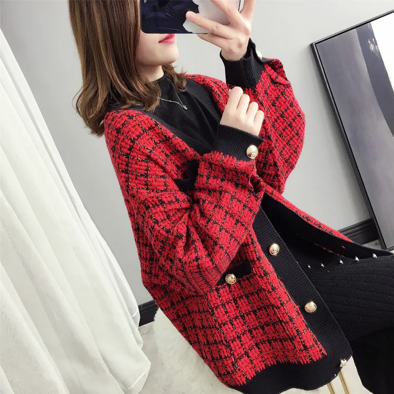 Elegant V-neck Knit Cardigan Ladies Fall Winter Knit Sweaters Korean Style Women Plaid Cardigans sweters women invierno 2019 Elegant V-neck Knit Cardigan Ladies Fall Winter Knit Sweaters Korean Style Women Plaid Cardigans sweters women invierno 2019