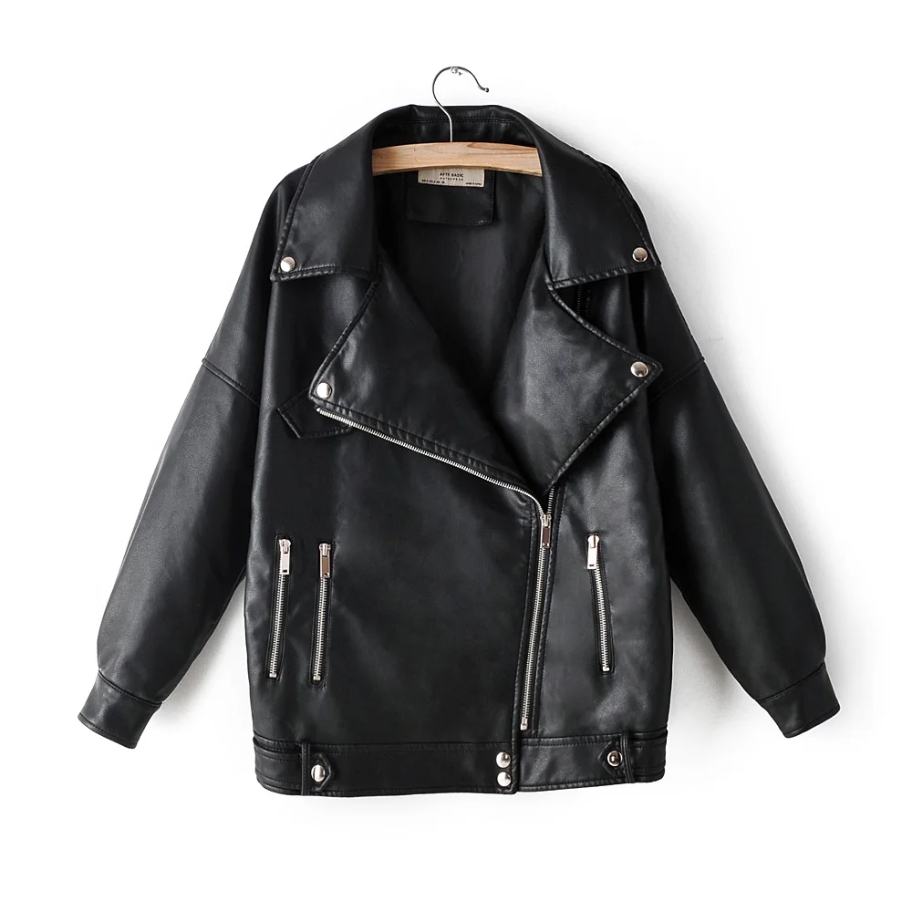 

Women faux leather jacket loose chest autumn coats long sleeve batwing turn down collar SML drop shipping