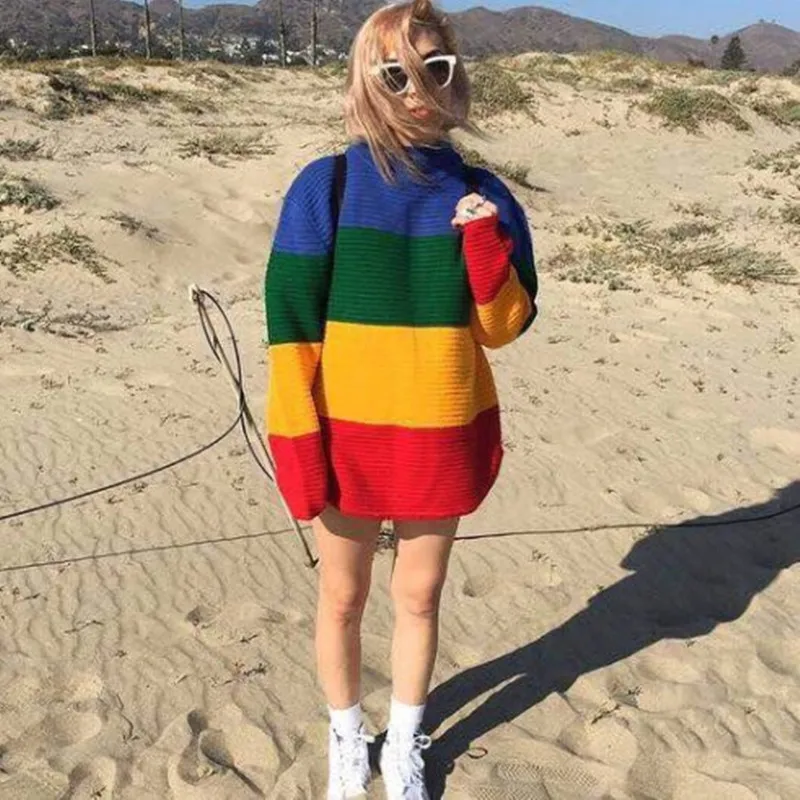 

Vintage Women Sweater Pullover Christmas Jumpers Rainbow Sweater Femme Knitted Sweaters Stripe Oversize Streetwear New Arrival