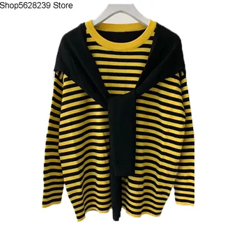 

Sweater Female Loose Fake Two Piece 2020 Foreign Style Lazy Wind Wool Stripes Knitting Shirt Top