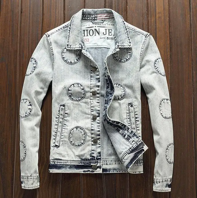 Bonjean бренд рок Мода Марка NEW Fashion Hi Street Мужская джинсовая куртка со вставками Винтаж светло-голубые Узкие повседневные джинсы пальто Прямая
