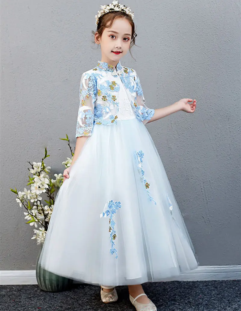 light blue Пышное Сетчатое платье принцессы с цветочной вышивкой; кружевное платье-пачка; костюм для детского сада; вечерние платья для девочек; детское платье; WG-X1014 - Цвет: light blue