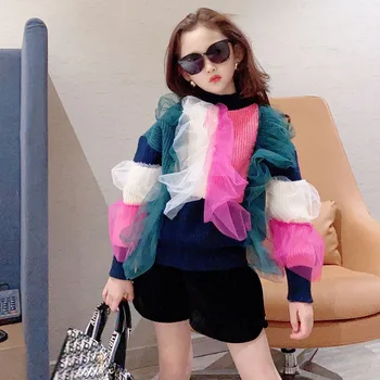 

Girls Korean color-blocking net yarn knitted top 2020 autumn and winter new Korean children's fashion Western style sweater