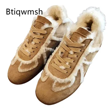 

2019 Winter Fur Sneakers Women Round Toe Nude Sheep Suede Wool Flat Shoes Woman Fashion Casual Shoes