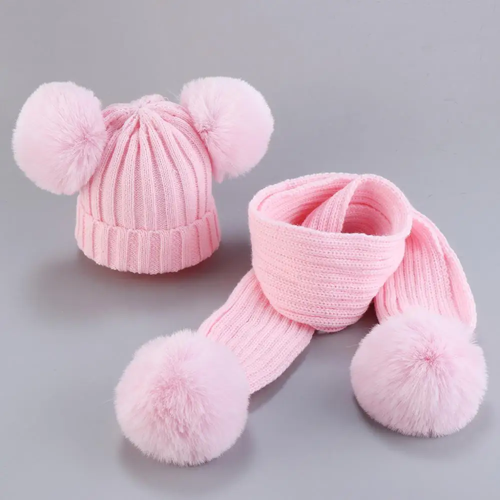 2-pink Взрывные модели в европейском и американском стиле, детская вязаная шапка зима, теплая шапка, шарф, комплект для мальчиков и девочек, вязаная шапка с двойным меховым помпоном из шерсти ha - Цвет: 2-pink