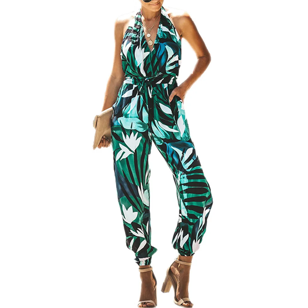 

Fadzeco Women Jumpsuit Clubwear Sexy Halter Neck Deep V Neck Knot Floral Print Rompers Casual High Waist Long Pants Jumpsuit