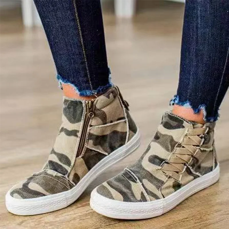 camouflage Осенние женские парусиновые кроссовки на молнии без застежки; женская обувь из Вулканизированной Ткани; прошитая обувь на плоской подошве; женская повседневная обувь на платформе; большие размеры - Цвет: camouflage