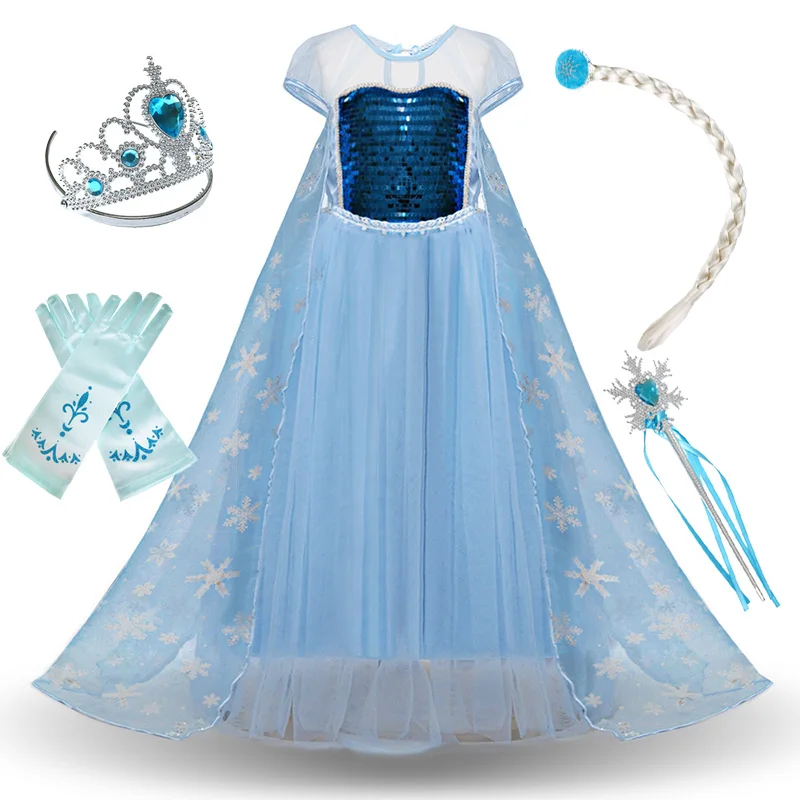 Elsa B and Set1 Платья принцессы Эльзы для девочек; детская одежда на Хэллоуин; карнавальный костюм Снежной Королевы; одежда Эльзы; Детские нарядные вечерние платья синего цвета - Цвет: Elsa B and Set1