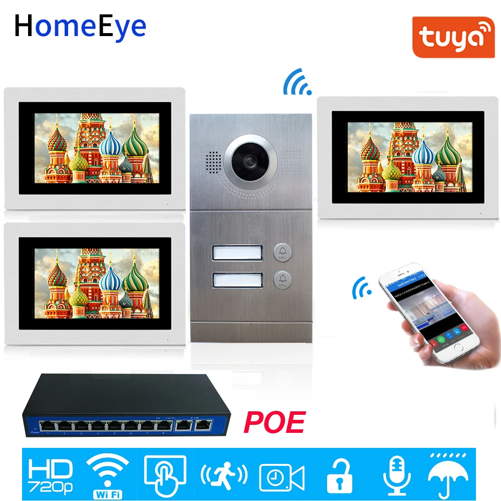 Free tuya smart APP Remote Unlock 720P HD WiFi IP Video Door Phone Video Intercom 2-Apartments Door Access Control System POE