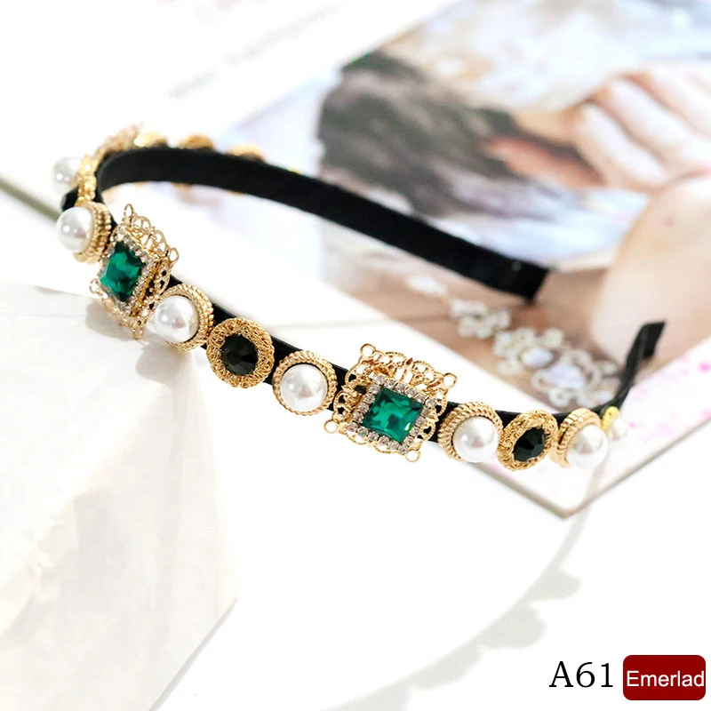 Green Retro Charm Crystal Baroque Fine Headband Gold Metal Carved Green Gem Crown Tiara Headwear For Women Wedding Hair Jewelry Gift - Metal color: Green