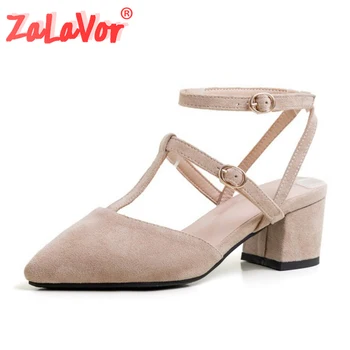 

ZALAVOR Plus Size 30-43 Women Sandals Shoes Fashion Pointed Toe Metal Buckles Shoes Women Modern Square Heels Lady Footwear