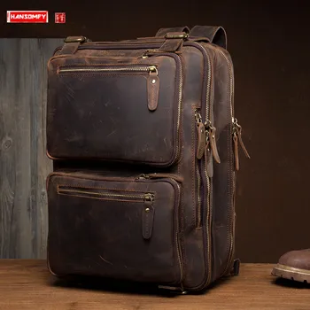 

Retro Handmade Crazy Horse Leather Backpack Men's First Layer Cowhide Travel Backpacks Computer Bag Schoolbags