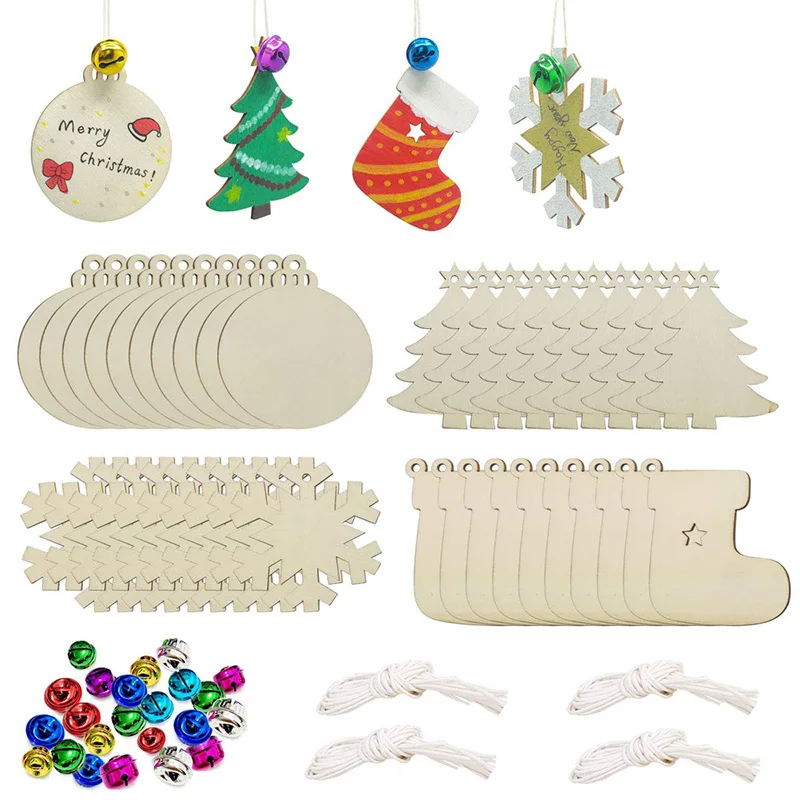 

40PCS Unfinished Wooden Christmas Ornaments Bulk,Natural Wood Slices Wood Christmas Tree Ornaments with 40PCS Colorful Bells Wax