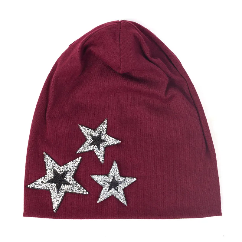 Women Winter Slouchy Fashion Skullies Beanies Star Rhinestones Cotton Hats For Ladies Female Fashion Baggy Solid Color Caps - Цвет: Black Wine red