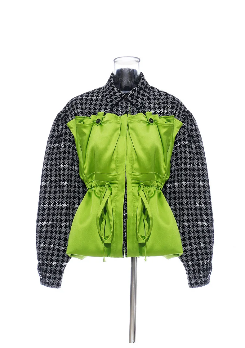 [EAM] Свободная клетчатая куртка большого размера с завязками, новая женская куртка с отворотом и длинным рукавом, модное осенне-зимнее пальто 1H203