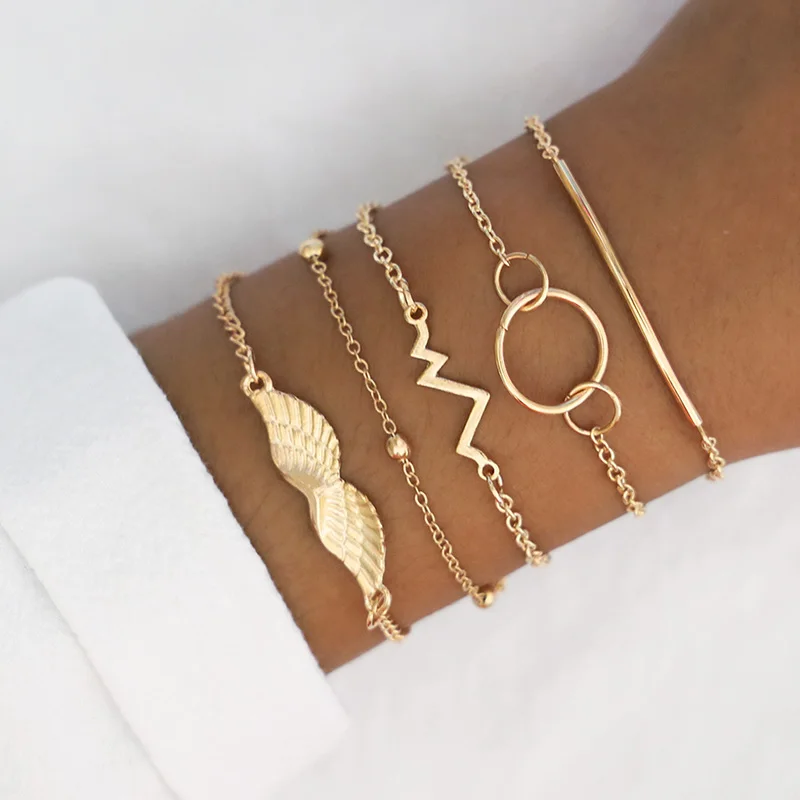 

5 Pcs/ Set Boho Bracelets Set Women Heartbeat Wings Round Bead Chain Gold Multilayer Bracelet Fashion Charm Jewelry Accessories